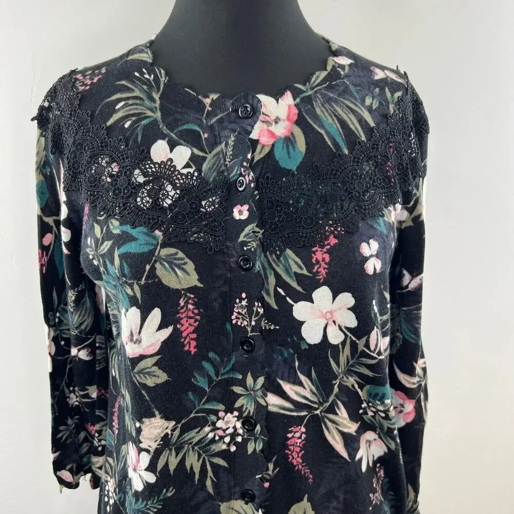KATE SPADE Botanical Pima Cotton 3/4 Sleeve Lace Accent Knit Cardigan Size S